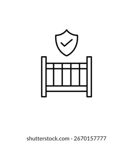 Berço de bebê, escudo e marca de seleção. Produtos confiáveis, segurança infantil. Pixel perfeito, ícone de vetor de traçado editável