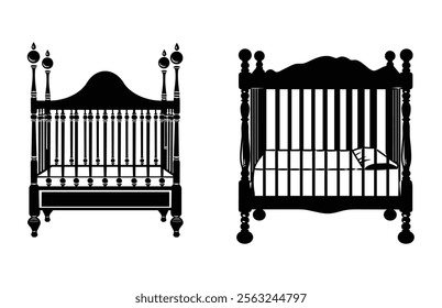 Baby Crib Silhouette Vector, Baby Bassinet Black Clipart