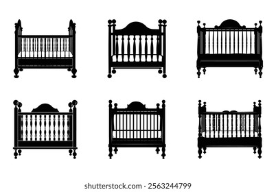 Baby Crib Silhouette Vector Bundle, Baby Bassinet Black Clipart Set