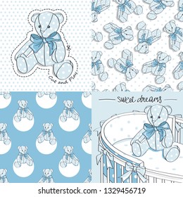 Baby crib, Teddy Bear and seamless patterns. Vector illustration set.