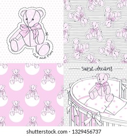 Baby crib, Teddy Bear and seamless patterns. Vector illustration set.