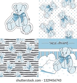 Baby crib, Teddy Bear and seamless patterns. Vector illustration set.