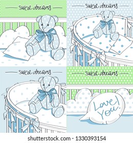 Baby crib with Teddy Bear. Vector illustration set.