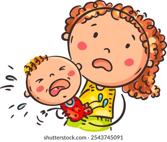Baby cries in mother's arms, cartoon isolated illustration