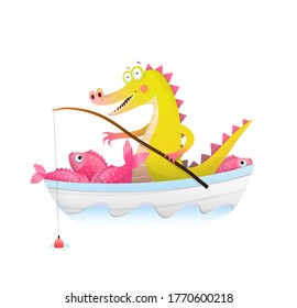 Baby Crocodile or alligator in boat fishing with fishing rod. Fisherman dragon happily smiling with big catch of fish in boat. Cute watercolor style vector animals cartoon for children.