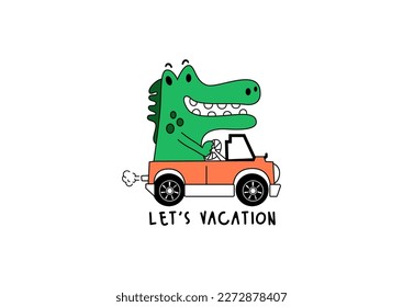 baby crocodile in car vector illustration for baby printing