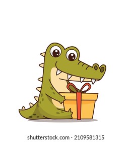 Baby crocodile is holding a small gift. Present. Postcard in children's cartoon style. Vector illustration for designs, prints and patterns.