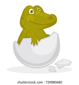 Baby crocodile inside cracked egg shell isolated illustration