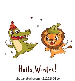 Baby crocodile and baby lion in a hat play snowballs around a snowflake. Lettering Hello, winter. Vector illustration for designs, prints and patterns. Isolated on white background