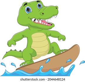 baby crocodile surfing cartoon on white background