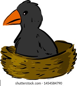Baby crow in nest, illustration, vector on white background.