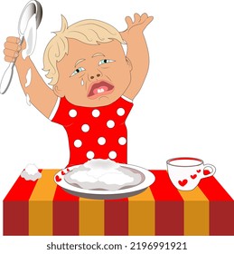 The baby is crying because he does not want to eat porridge