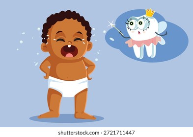 
Bebé Llorando Porque Su Primer Diente Salió De La Ilustración vectorial. Divertido hada de los dientes que comprueba en un pequeño bebé que tiene problemas de dentición 