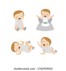 Baby crying. Cartoon sitting and crying little baby. Vector set. 