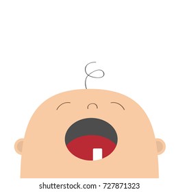 Baby crying greeting card template. Kid face looking up. Cute cartoon character. Funny head with hair, eyes, nose, open mouth tooth. Its a boy. Flat design. White background. Isolated. Vector