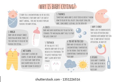 Baby crying reasons infographic. Tips for mother when baby cries. Advises for mom about infant