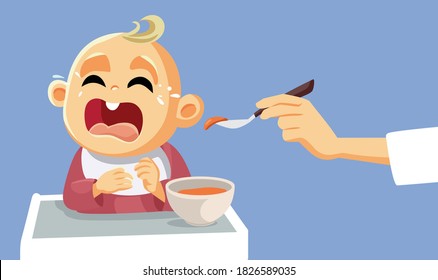 Baby Crying Refusing to Eat Vector Illustration. Unhappy infant hating the mead he is being fed
