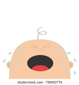 Baby Crying Tears. Kid Face Looking Up. Cute Cartoon Sad Character. Funny Head With Hair, Eyes, Nose, Open Mouth. Its A Boy. Greeting Card Template. Flat Design. White Background. Isolated. Vector