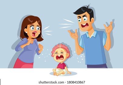 Babyweinen, während Eltern streiten und schreien. Eltern, die mit lauter Stimme kämpfen und ihr Kind unter Stress setzen 
