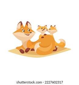 Baby cubs and fox mom cartoon illustration. Cute little animals playing games, having fun with parents isolated on white background. Pet, friendship, greeting concept