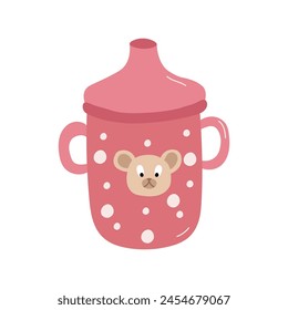 Botella de la taza del bebé aislada sobre fondo blanco. Bebé sippy reservorio rosa con puntos y cabeza de oso, tazón de beber con leche o jugo con dos asas Ilustración vectorial