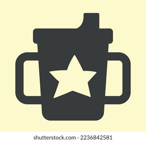 Baby cup icon. Utensils for drinking milk, child care. Graphic element for printing on fabric in minimalistic style. Plastic mug with star, poster or banner. Cartoon flat vector illustration