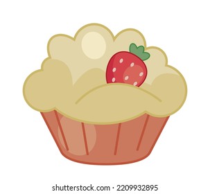 Baby cupcake icon. Dessert with strawberries, delicacy Sweets and flour products, bakery. Poster or banner for website. Graphic element for printing on fabric. Cartoon flat vector illustration