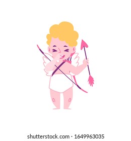 Baby cupid, amur and angel with bow and arrows laughing, vector romantic cartoon flat illustration on isolated background.