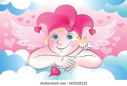 Baby cupid with an arrow on the clouds