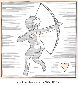 baby cupid with a bow in the hands of the right aims. Colors gray, white and pink. The engraving style. Wings on back