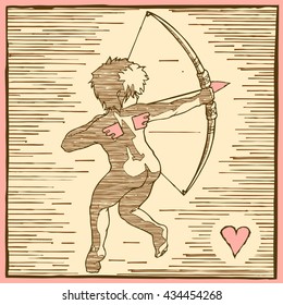 baby cupid with a bow in his hand. Colors brown, beige, red and pink. The engraving style, graphic arts