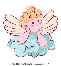 Baby cupid cartoon character flying on heaven cloud. Funny pensive little cherub with angels wings. Valentines day, love mascot, cartoon cute romantic cupid with happy smile vector illustration