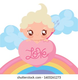 Baby cupid cartoon and rainbow design of love passion romantic valentines day wedding decoration and marriage theme Vector illustration