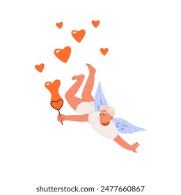 Baby cupid flying, blows soap bubbles with heart shape in air. Funny angel with feather wings has fun. Cute symbol of love. St. Valentines Day, 14 February. Flat isolated vector illustration on white