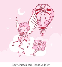 Baby cupid girl with pink hot air balloon, blending love and fantasy, minimal design in cute vector style for Valentine s Day, romance, affection love concepts, isolated icon on pink cloudy background