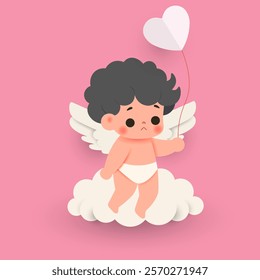 Baby cupid with pink heart balloon, blending love and fantasy, minimal design in cute vector style for Valentine's Day, romance, affection and love concepts, isolated icon on pink background