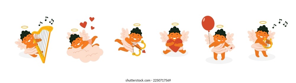 Baby Cupid set for St. Valentine Day. Cherubs Vector illustration.