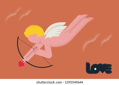 Baby cupid shooting with archery. Minimalistic flat illustration with texture