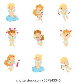 Baby Cupids With Bows, Arrows And Hearts Set