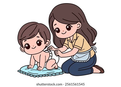 Baby cute. Changing a baby’s diaper. Vector illustration in cartoon style.