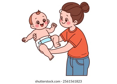 Baby cute. Changing a baby’s diaper. Vector illustration in cartoon style.