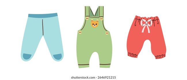 Baby cute clothes, abstract clothes, cute minimal wear for children. Baby wardrobe, fashion colorful outfit in bohemian style. Cute kawaii baby pants flat cartoon style .