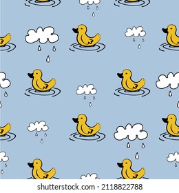 Baby cute, clouds. Vector seamless pattern. Rain, water, anti-leakage for children, for printing and children's games in the water. Blue background, green and white color characters