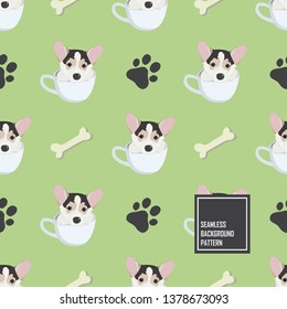 Baby cute corgi puppy in a tea cup with bone and footprint  seamless pattern background.