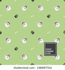 Baby cute corgi puppy in a tea cup with bone and footprint  seamless pattern background.