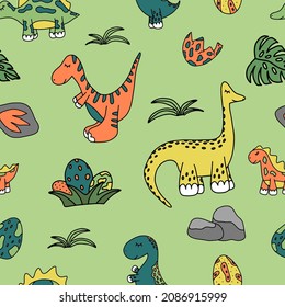 Baby cute dinosaur nursery vector seamless pattern. Print for wallpaper, kids background, wrapping