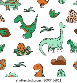 Baby cute dinosaur nursery vector seamless pattern. Print for wallpaper, kids background, wrapping