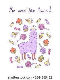 Baby cute doodle vector illustration with llama, treats and hand-written text. The illustration will be a great print for children's things, cards and so on.