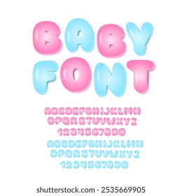 Baby Cute Font. Gender Reveal Party Alphabet. Childish Bubble Letters and Numbers.