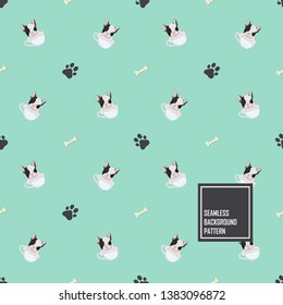 Baby cute  french bulldog puppy in a tea cup with bone and footprint  seamless pattern background.
